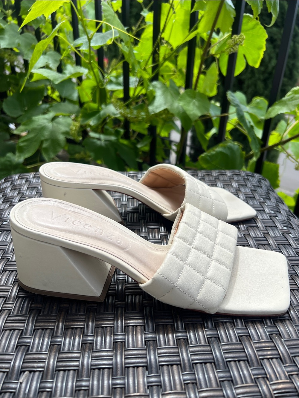 Vicenza Quilted Cream Block Heel Mules